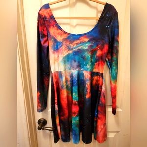 Rainbow Galaxy Scoop Neck Long Sleeve Skater Dress Size Large
